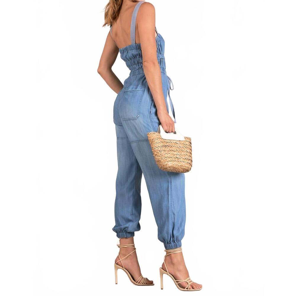 NEW ELAN denim tie waist jumpsuit in blue - Picture 5 of 7